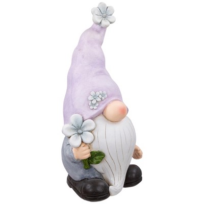 18" Ceramic Gnome with Purple Hat and Flowers