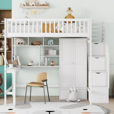 NicBex Full Size Bunk Bed with Desk Loft Bed Bed Frame with Shelves, Wardrobe, Storage Stair and Full Length Guardrails, No Box Spring Required