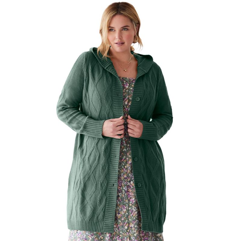 Woman Within Women's Plus Size Hooded Cable Cardigan, 1 of 3