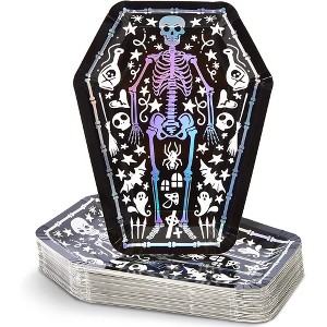 Spooky Central 48-Pack Skeleton Coffin Halloween Paper Plates, 10-Inch Disposable Spooky Plates, Black Halloween Party Supplies - 1 of 4