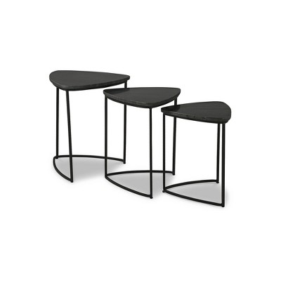 Olinmere Black Triangular Marble and Metal Nesting Tables, Set of 3