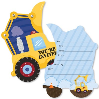 Big Dot of Happiness Construction Truck - Shaped Fill-in Invitations - Baby Shower or Birthday Party Invitation Cards with Envelopes - Set of 12