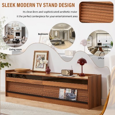 Mirod Modern TV Stand with Ample Storage,4 Drawer Design with Tempered Glass ,Built-in Charging Ports and Ambient LED Lighting