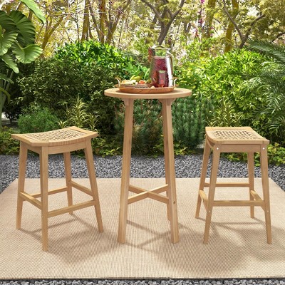 Natural Teak Wood and PE Rattan Bar Height Stools, Set of 4