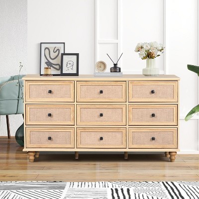 ORRD 9 Drawer Dresser for Bedroom, Mid Century Modern Wide Wood Rustic Chest of Drawers Wooden Storage Organizer Dressers with Burlap Rattan