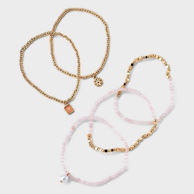 Beaded Stretch Charm Bracelet w Semi Precious Rose Quartz Set 5pc - Universal Thread&#8482; Gold/Pink_0