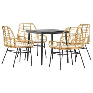 vidXL 5 Piece Patio Dining Set with Cushions - Brown PE Rattan Outdoor Furniture with Glass Tabletop for Garden/Backyard - 1 of 4