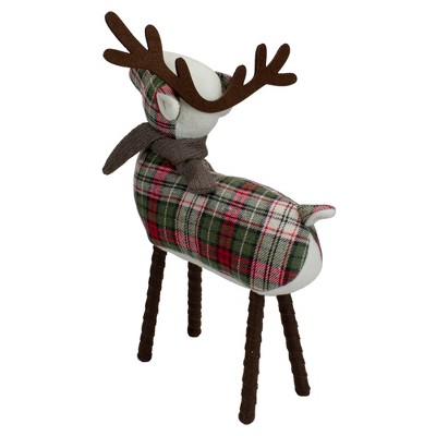 16" Green and Red Plaid Wooden Deer Figurine