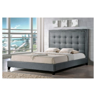 Elegant Gray Linen King Platform Bed with Tufted Headboard and Nailhead Trim
