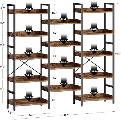 Triple 5 Tier Shelf Bookshelf, Display Book Shelf, Wide Bookcase, Rustic Wooden Shelving Unit, for Your Bedroom, Living Room, Home & Office Shelving
