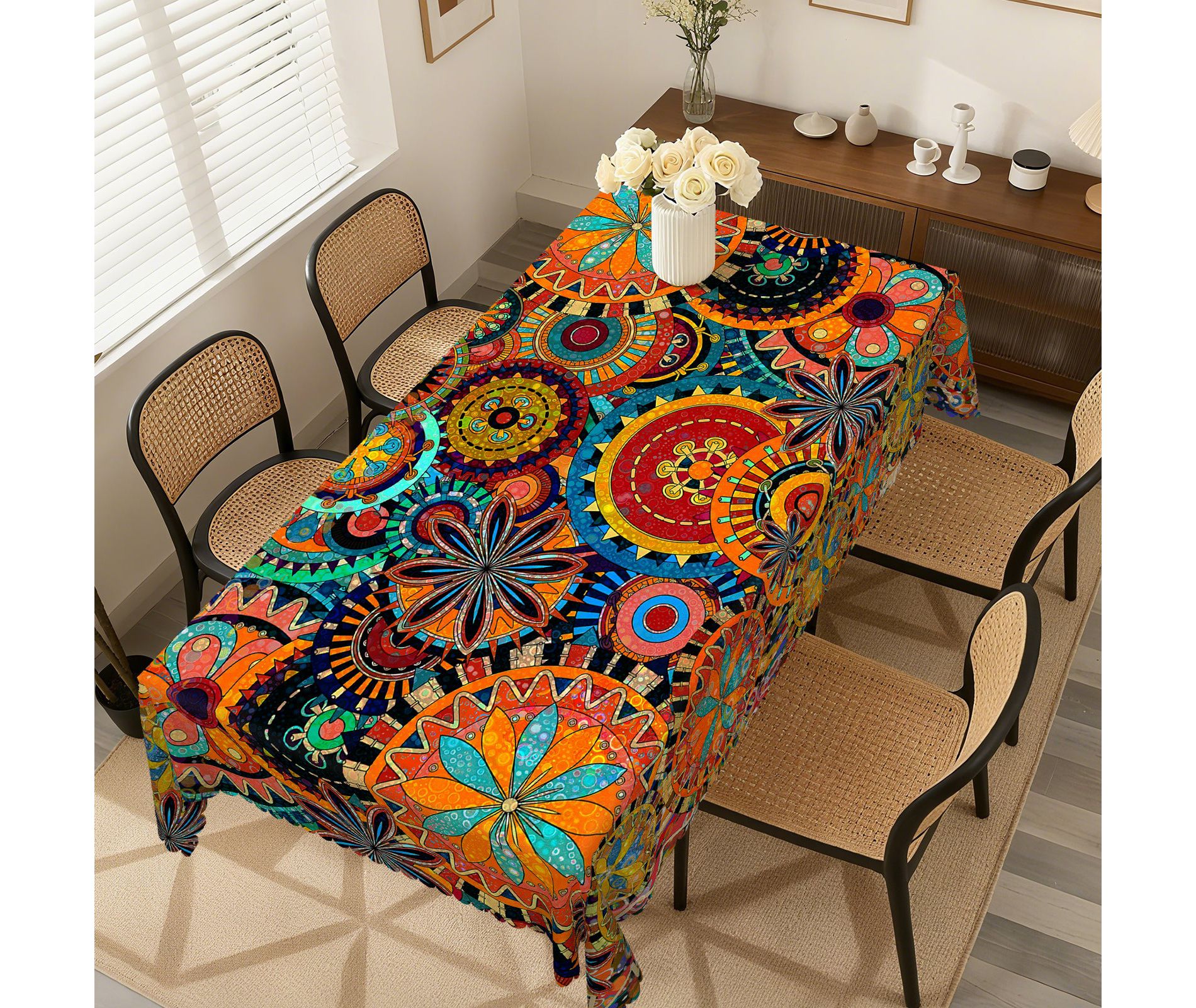 LOVEVOOK Washable Round Boho Tablecloth, Rectangle Bohemia Table Cover for Party Picnic Dinner Christmas Decor Indoor and Outdoor