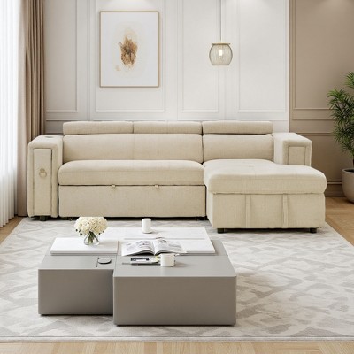 96" L-Shaped Pull-Out Sectional Sofa Bed with Adjustable Headrest