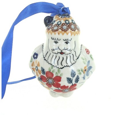 Blue Rose Polish Pottery Red Daisy Santa Ornament