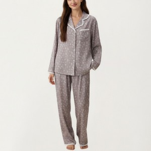 Anna-Kaci Lounge Women's 2-Piece Set Floral Print Pajama Top with Button Front and Trim Details Paired with Matching Pants - 1 of 4