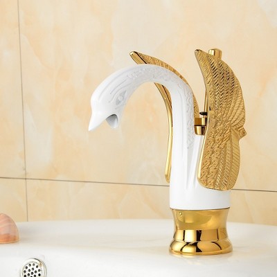 White and Gold Swan Single Hole Single-Handle Bathroom Faucet