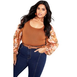 Avenue Women's Plus Size May Contrast Floral Sleeve Sweater - 1 of 4