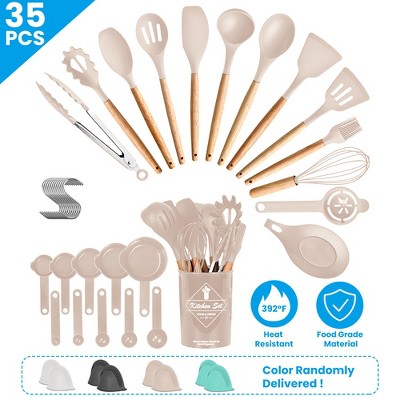 35-Piece Khaki Silicone and Wood Kitchen Utensils Set