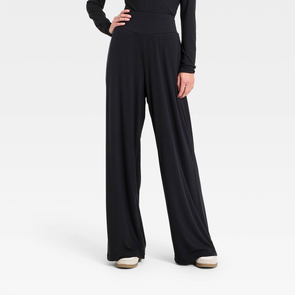 Women's Rib-Knit High-Rise Wide Leg Pants - All In Motion™ Black M