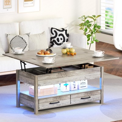 Snynuxx Lift Top Coffee Table with LED, 3-in-1 Multifunctional Coffee Table with Drawers and Hidden Compartments