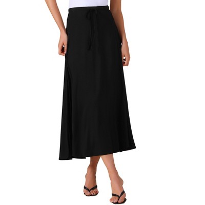 INSPIRE CHIC Women's Casual Elastic Waist Drawstring Stretchy Flare A-Line Maxi Skirt