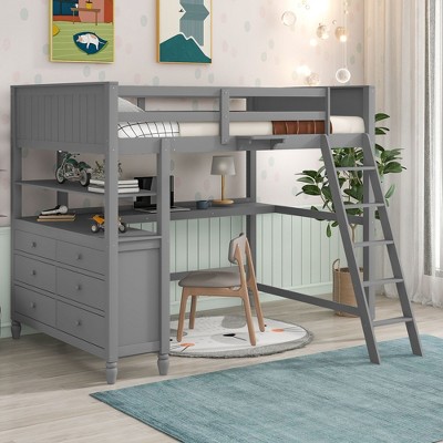 NicBex Full Size Wooden High Loft Bed with Built-In Dresser,Desk,Safety Guardrail&Shelves,Versatile Gaming Loft for Kids,Teens&Gamers,400lbs Max