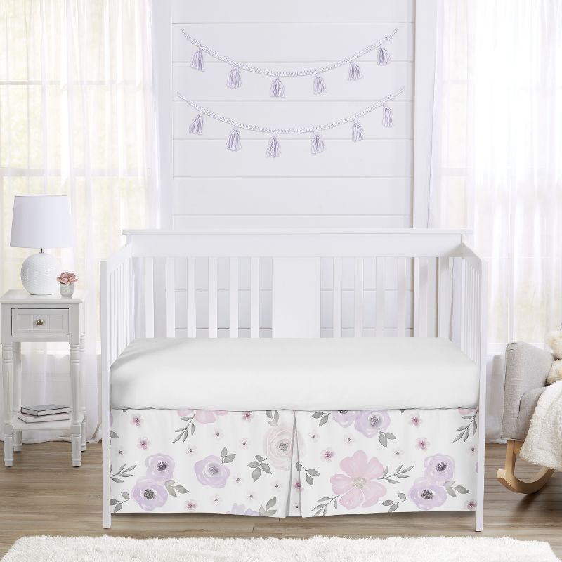 Sweet Jojo Designs Girl Baby Crib Bed Skirt Watercolor Floral Purple Pink and Grey, 3 of 5