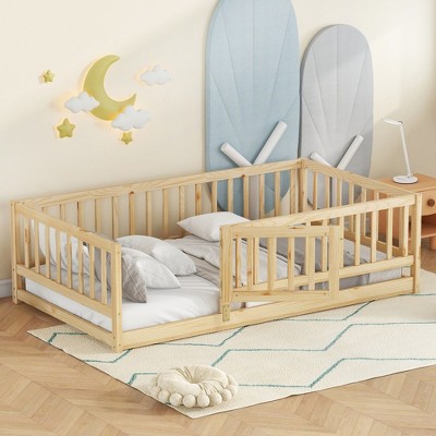 CAVINAS Twin Size Wood Montessori Bed with Fence and Door,Modern Floor Bed with Slats,Toddler Bed for Bedroom