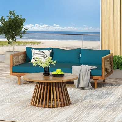 2 Piece Acacia Wood Garden Furniture Set,3 Seater Outdoor Garden Daybed Sofa with Coffee Table and Cushions,Wood Patio Lounge Set-Coolbibila