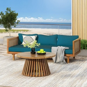 2 Piece Acacia Wood Garden Furniture Set,3 Seater Outdoor Garden Daybed Sofa with Coffee Table and Cushions,Wood Patio Lounge Set-Coolbibila - 1 of 4