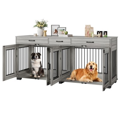 71 Inch Dog Crate Furniture, Wooden Double Crate Large Breed with Door, Dog Kennel Indoor, TV Stand End Table with Divider for Large Medium Dogs