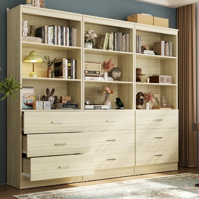 Aheaplus 71'' Tall Storage Bookcase, Bookshelf with 3-Tier Open Shelves and 3 Drawers, Wood Storage Cabinet