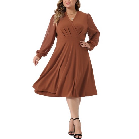 Agnes Orinda Women's Plus Size Long Sleeve Swiss Dots Wrap V Neck Formal  Knee Length Flowy A-Line Dress Caramel 3X