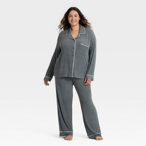 Women's Cozy Ribbed Notch Collar Long Sleeve Shirt and Pants Pajama Set - Auden™ - 1 of 3