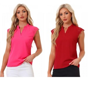 INSPIRE CHIC Women's Work Office V Neck Stand Collar Lace Cap Sleeve Basic Blouse 2 Pieces - 1 of 4