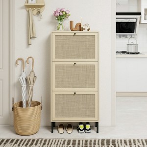 TIRAMISUBEST Rattan 3 Door Shoe Rack, Freestanding Modern Shoe Storage Cabinet, for Entryway - 1 of 4