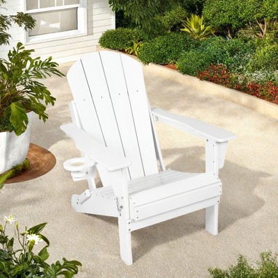 FURNIinspire Patio Accent Chairs Folding Adirondack Chair, Outdoor Adirondack Chair With Cup Holder, Wood Texture Folding Chair, White, 32"*29"*36"