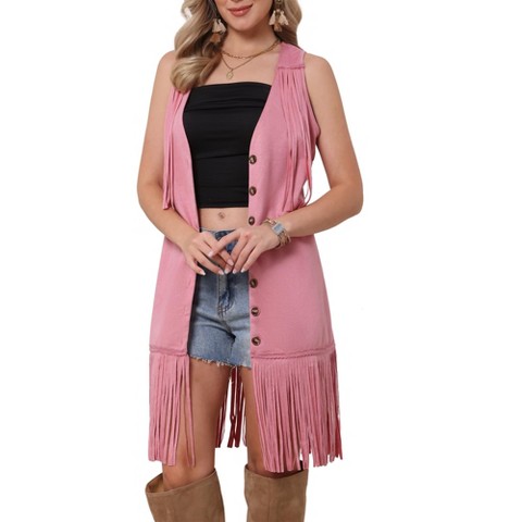 INSPIRE CHIC Women's Fringe Faux Suede Sleeveless Cowgirl V Neck Button Down Western Long Jacket X-Large Pink