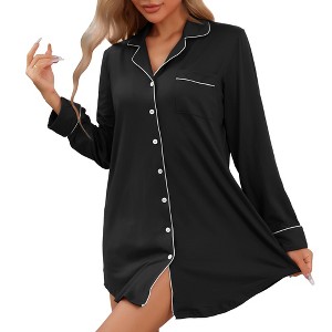 cheibear Womens Nightgown for Women Long Sleeve Sleepshirt Button Down Notch Collar Boyfriend Nightshirt Sleepwear - 1 of 4