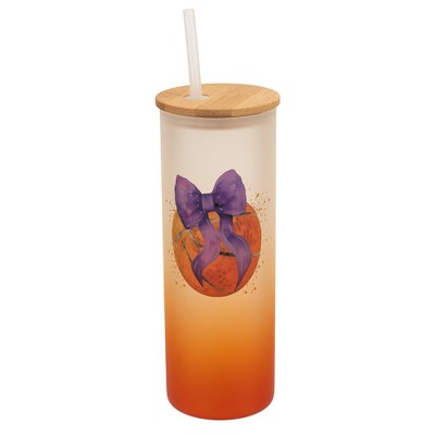Elanze Designs 25 Ounce Frosted Glass Gradient Travel Tumbler With Straw and Wooden Lid, Basketball With Purple Bow Orange
