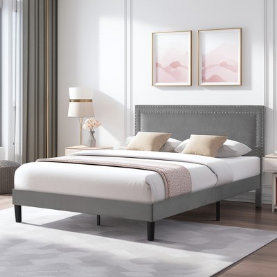 VECELO Upholstered Bed with Adjustable Headboard, Bed Frame