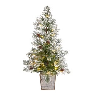 2ft. Frosted Pre-Lit Artificial Christmas Tree with Pinecones in Decorative Planter – Compact Holiday X-Mas Accent - 1 of 4