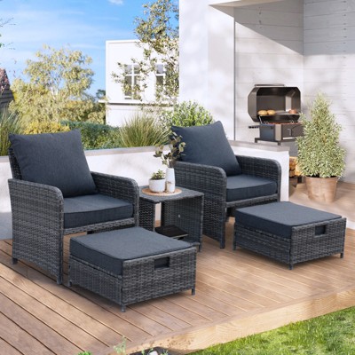 GDFStudio Foster 5 Piece Iron and PE Rattan Outdoor Waterproof Upholstered Seating Set with Ottomans and Accent Table