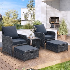 GDFStudio Foster 5 Piece Iron and PE Rattan Outdoor Waterproof Upholstered Seating Set with Ottomans and Accent Table - 1 of 4