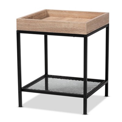 Overton Wood and Metal End Table Oak/Black - Baxton Studio: Industrial Square Accent Table for Living Room