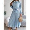 Women Pleated Dress Long Sleeve Stand Up Collar A-Line Flowing Dress With Belt - 4 of 4