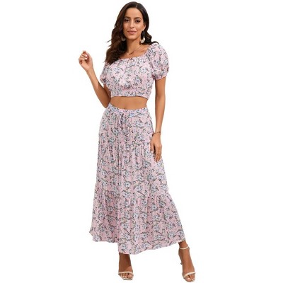 Womens 2 Piece Outfits Summer Floral Skirts Sets Puff Sleeve Elastic Neckline Cropped Tops with Drawstring Flowy Tiered Skirts - Pink Floral,2XL