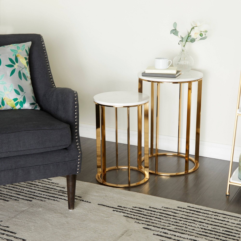 Photos - Coffee Table Set of 2 Gold Contemporary Metal and Marble Accent Tables - Olivia & May