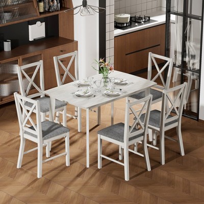 VECELO Farmhouse Style Dining Table Set, Rubber Wood Table and Upholstered Dining Chairs, Gray