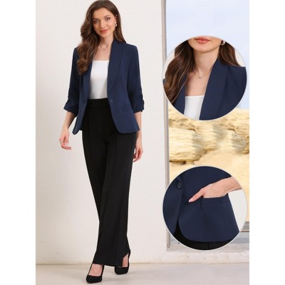 INSPIRE CHIC Women's 3/4 Sleeve Shawl Lapel Pocket Single Button Office Work Blazer Medium Royal Blue — фото 2