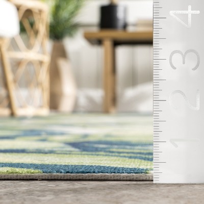 Tropical Breeze 6' Square Blue & Green Floral Synthetic Outdoor Rug